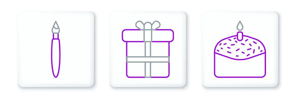Set line Easter cake and candle, Paint brush and Gift box icon. Vector Stock Illustration