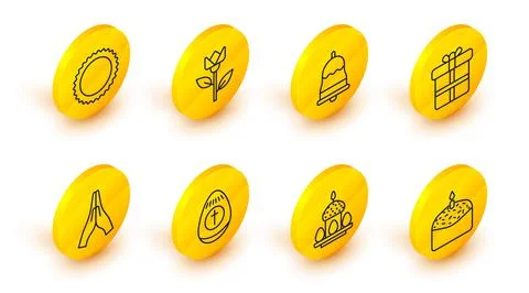 Set line Easter cake and candle, eggs, Hands in praying position, Gift box Stock Illustration