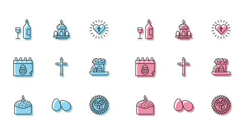 Set line Easter cake and candle, eggs, Wine bottle with glass, wicker nest Stock Illustration