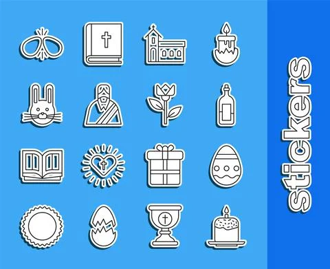 Set line Easter cake and candle, egg, Bottle of wine, Church building, Jesus Ilustración de archivo