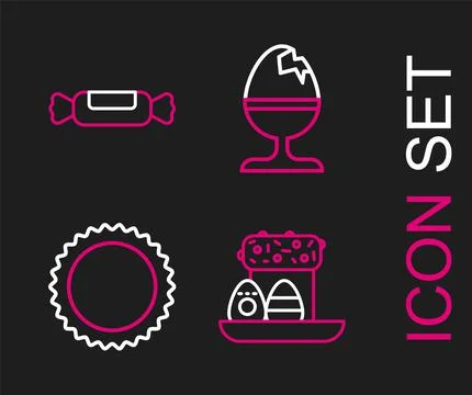 Set line Easter cake and eggs, Sun, Chicken on stand and Candy icon. Vector Stock-Illustration