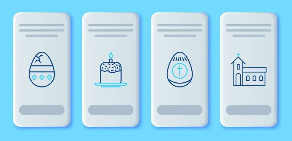 Set line Easter cake and candle, egg, Cracked and Church building icon. Vector Ilustración de archivo