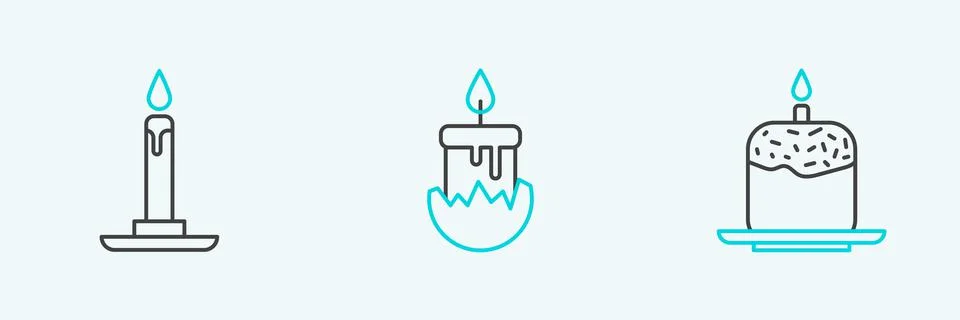 Set line Easter cake and candle, Burning in candlestick and icon. Vector Illustrazione stock