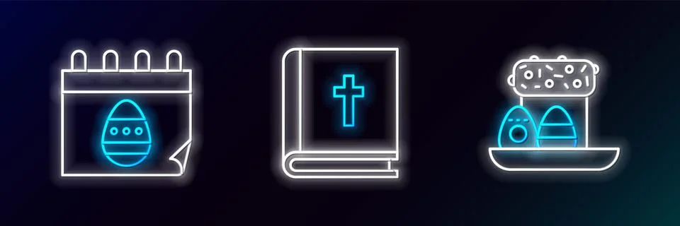 Set line Easter cake and eggs, Calendar with and Holy bible book icon. Glowin 스톡 일러스트
