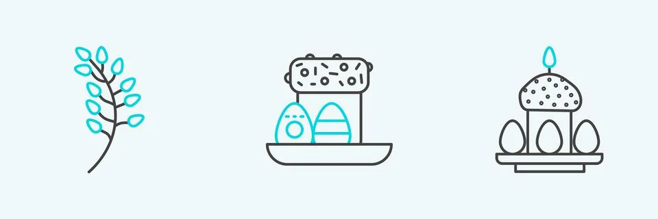Set line Easter cake and eggs, Willow leaf and  icon. Vector Illustrazione stock