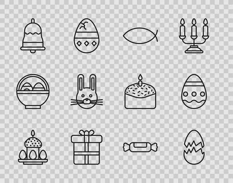 Set line Easter cake and eggs, Broken, Christian fish, Gift box, Ringing bell Stock Illustration