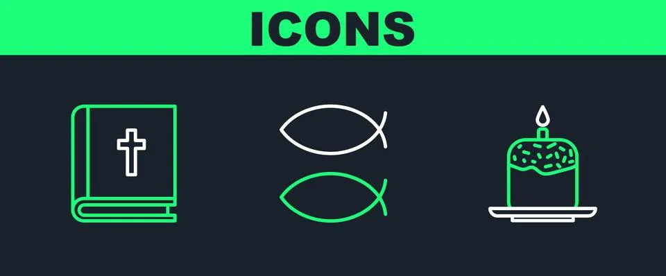 Set line Easter cake and candle, Holy bible book and Christian fish icon. Vector 스톡 일러스트