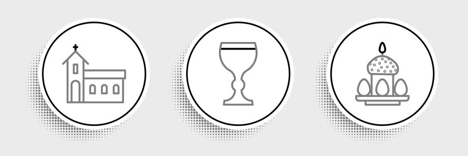 Set line Easter cake and eggs, Church building and Wine glass icon. Vector Ilustración de archivo