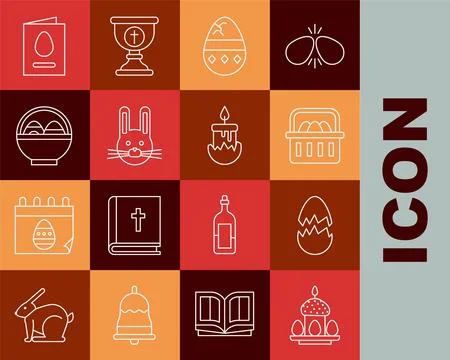 Set line Easter cake and eggs, Broken, Basket with easter, Cracked, rabbit Stock Illustration