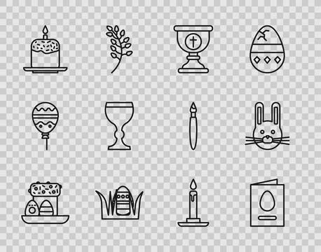 Set line Easter cake and eggs, Greeting card with Happy, Christian chalice Illustrazione stock
