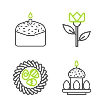 Set line Easter cake and eggs, in wicker nest, Flower tulip and candle icon 스톡 일러스트