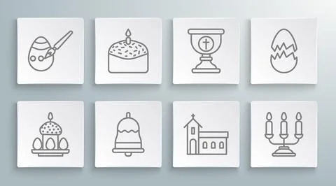 Set line Easter cake and eggs, candle, Ringing bell, Church building 스톡 일러스트