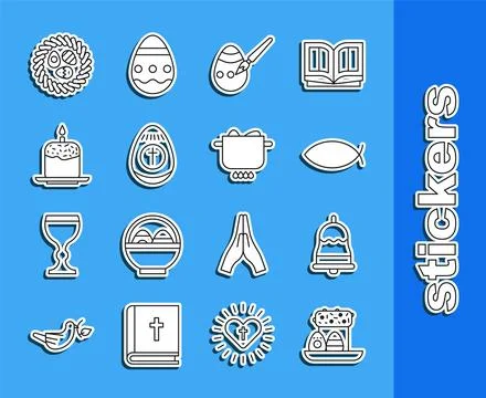 Set line Easter cake and eggs, Ringing bell, Christian fish, paint brush, c.. Illustrazione stock