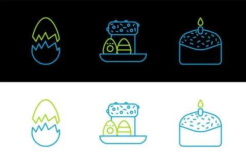 Set line Easter cake and candle, Broken egg and eggs icon. Vector Stock Illustration