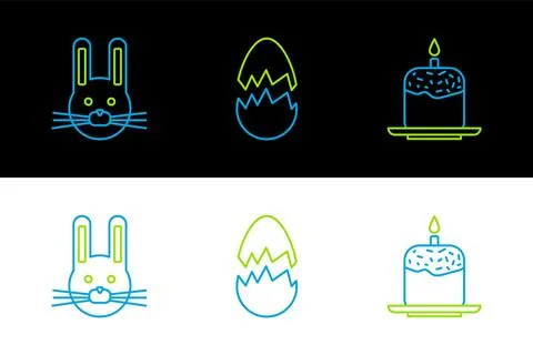 Set line Easter cake and candle, rabbit and Broken egg icon. Vector Stock Illustration