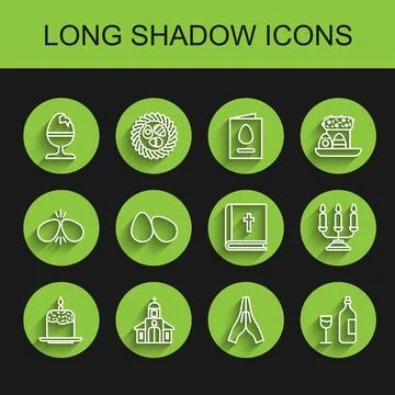 Set line Easter cake and candle, Church building, Chicken egg on stand, Han.. Ilustración de archivo