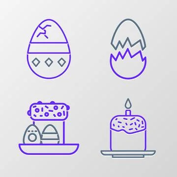 Set line Easter cake and candle, eggs, Broken and Cracked icon. Vector Stock Illustration