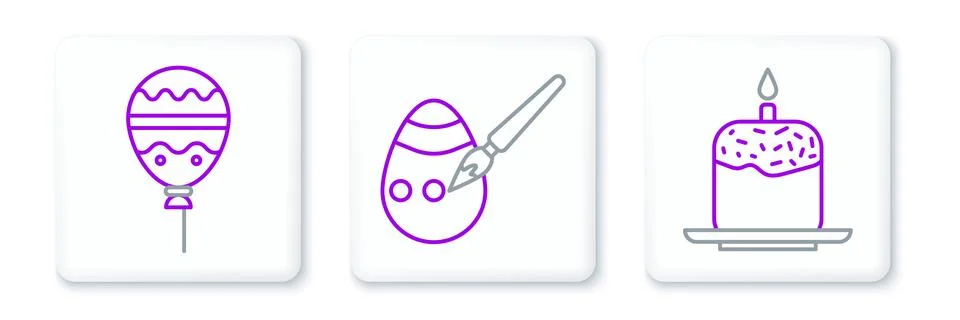 Set line Easter cake and candle, Balloons with ribbon and egg paint brush i.. Illustrazione stock