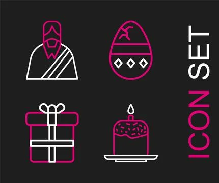 Set line Easter cake and candle, Gift box, Cracked egg and Jesus Christ ico.. 스톡 일러스트