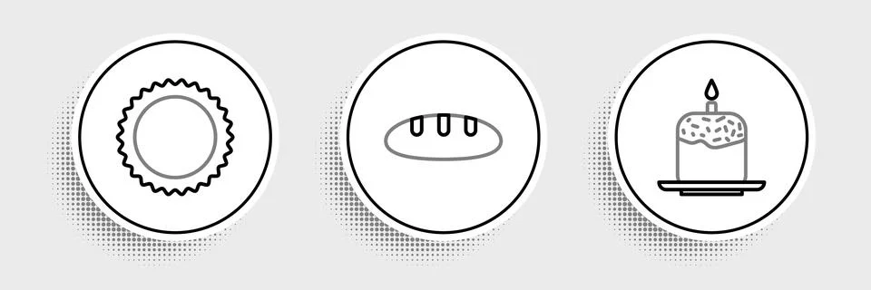 Set line Easter cake and candle, Sun and Bread loaf icon. Vector 스톡 일러스트