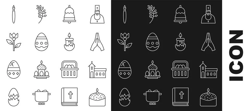 Set line Easter cake and candle, Church building, Hands praying position, R.. Ilustración de archivo