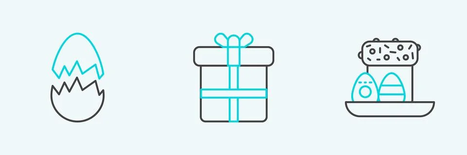 Set line Easter cake and eggs, Broken and Gift box icon. Vector Stock Illustration