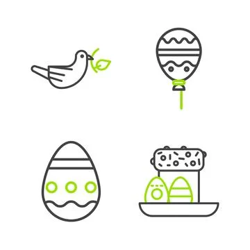 Set line Easter cake and eggs, Balloons with ribbon and Peace dove olive br.. Stock Illustration