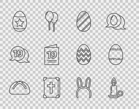 Set line Easter cake, Burning candle in candlestick, egg, Holy bible book Stock Illustration
