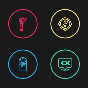 Set line Easter cake, Christian fish, Yin Yang and Aspergillum icon. Vector Illustrazione stock