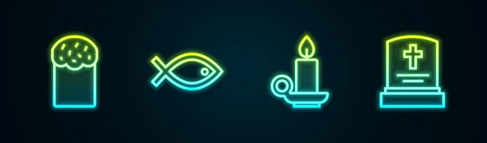 Set line Easter cake, Christian fish symbol, Burning candle in candlestick .. Stock Illustration