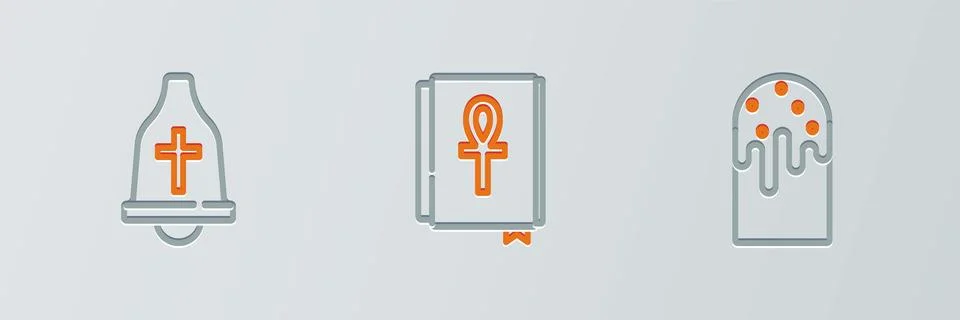 Set line Easter cake, Church bell and Cross ankh book icon. Vector Illustrazione stock