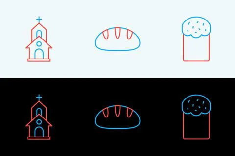 Set line Easter cake, Church building and Christian bread icon. Vector Stock Illustration