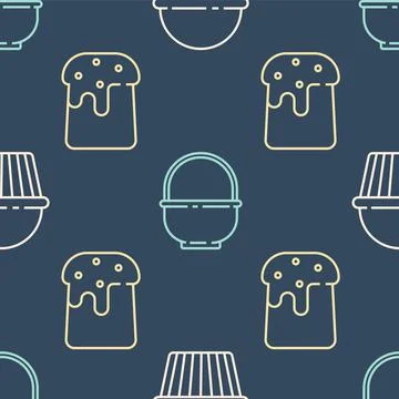 Set line Easter cake, Easter cake and Basket on seamless pattern. Vector Stock Illustration