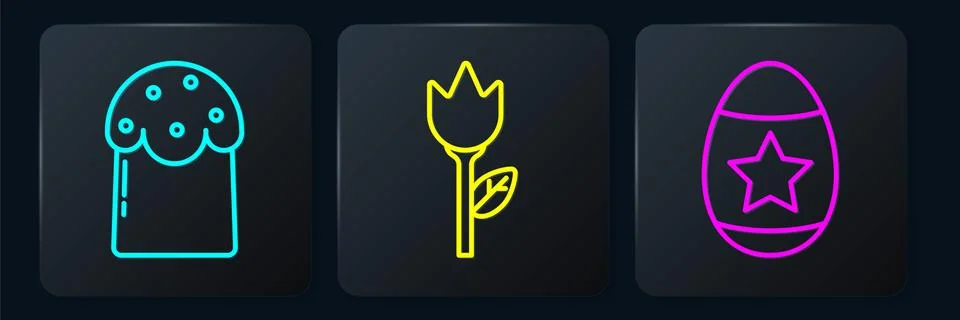 Set line Easter cake, Easter egg and Flower tulip. Black square button. Vector Illustrazione stock
