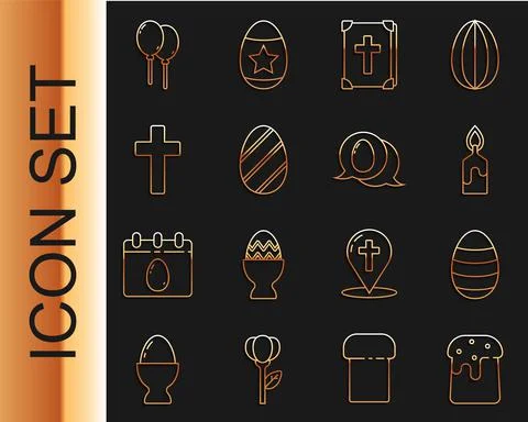 Set line Easter cake, egg, Burning candle, Holy bible book, Christian cross Stock Illustration