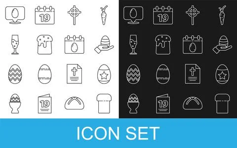 Set line Easter cake, egg, Human hand and easter, Christian cross, Wine glass Stock Illustration