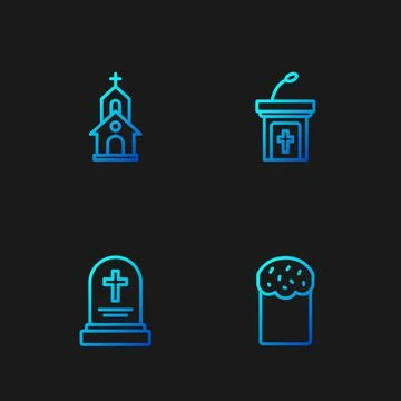 Set line Easter cake, Grave with tombstone, Church building and sermon tribun Ilustración de archivo