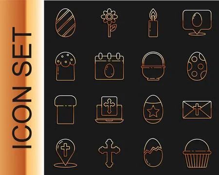 Set line Easter cake, Greeting card with Happy, egg, Burning candle, Calend.. Stock Illustration