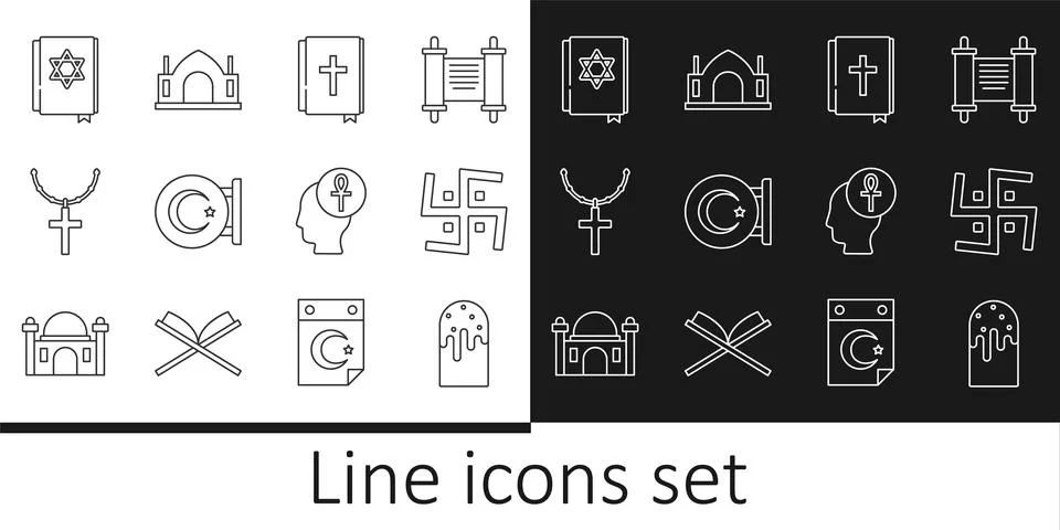 Set line Easter cake, Hindu swastika, Holy bible book, Star and crescent Stock Illustration