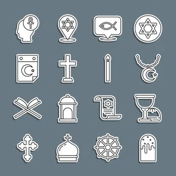 Set line Easter cake, Holy grail or chalice, Star and crescent on chain Stock Illustration