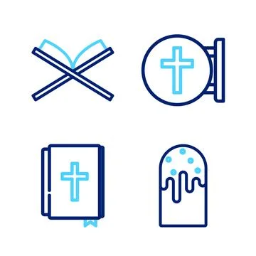 Set line Easter cake, Holy bible book, Christian cross and of Koran icon. V.. Stock Illustration