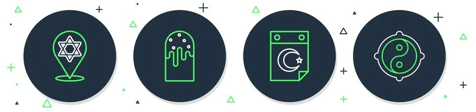 Set line Easter cake, Star and crescent, of David and Yin Yang icon. Vector Illustrazione stock