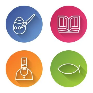 Set line Easter egg and paint brush, Holy bible book, Priest and Christian fish 스톡 일러스트