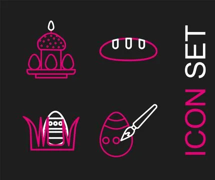 Set line Easter egg and paint brush, Bread loaf and cake eggs icon. Vector Illustrazione stock