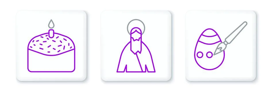 Set line Easter egg and paint brush, cake candle and Jesus Christ icon. Vecto Stock Illustration
