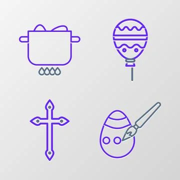 Set line Easter egg and paint brush, Christian cross, Balloons with ribbon .. Stock Illustration