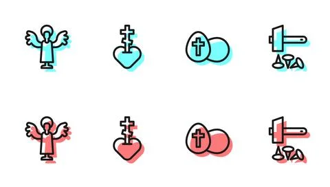 Set line Easter egg, Angel, Religious cross in heart and Crucifixion of Jesus 스톡 일러스트