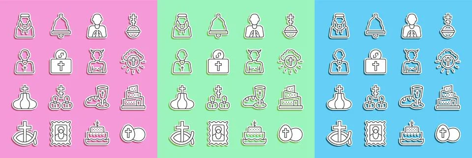 Set line Easter egg, Babel tower bible story, Religious cross in circle, Ha.. Stock Illustration