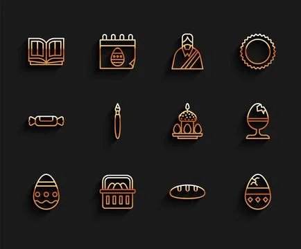 Set line Easter egg, Basket with easter eggs, Holy bible book, Bread loaf, Cr Stock Illustration