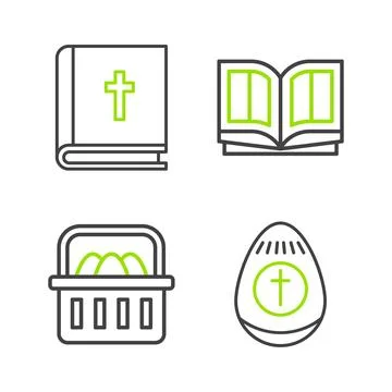 Set line Easter egg, Basket with easter eggs, Holy bible book and icon. Vector イラスト素材